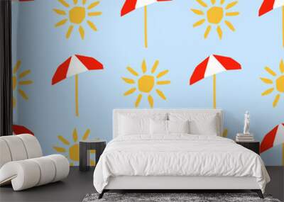 Seamless pattern with sun and umbrella illustration in cutting style on blue Wall mural