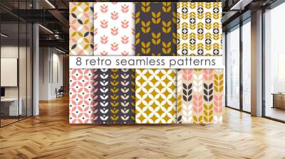 Set of floral seamless pattern in scandinavian style. Retro geometric textures collection. Vector wallpaper. Wall mural