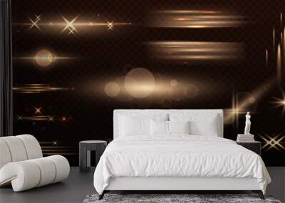 Set of Shine glowing stars. Glow isolated gold transparent light effect set, lens flare, explosion, glitter, dust, line, sun flash, spark and stars Wall mural