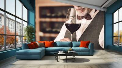 Sommelier Concept. Senior man standing holding glass smelling wine close-up concentrated Wall mural