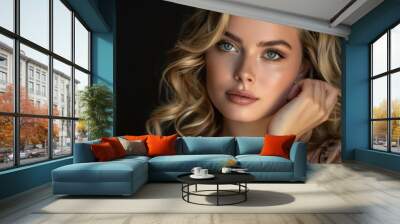 Sophisticated Beauty: A portrait of a beautiful woman with refined makeup, highlighting her elegance and poise. Wall mural