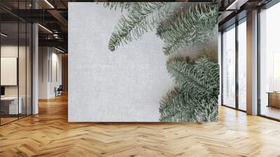 Spruce conifer branches on neutral beige gray soft linen texture fabric background, winter aesthetic minimal business branding blog design template in Nordic style Wall mural