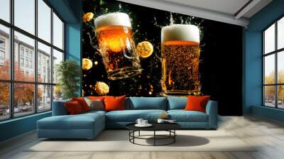 Two beer mugs splashing in mid-air with golden liquid and foam, accompanied by snacks against a dark background. Wall mural