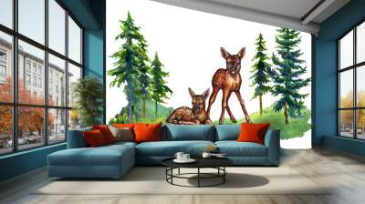 Two little deer. Forest picture. Watercolor drawing of animals isolated on a white background.
 Wall mural