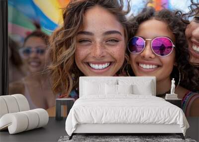 Two smiling women at a festival enjoying a sunny day under a colorful rainbow canopy with friends. Wall mural