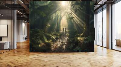 Unrecognizable two travelers with backpack in greens jungle ,rainforest sunlight. Adventure, travel, ecotourism freedom and active lifestyle concept, AI Generative Wall mural