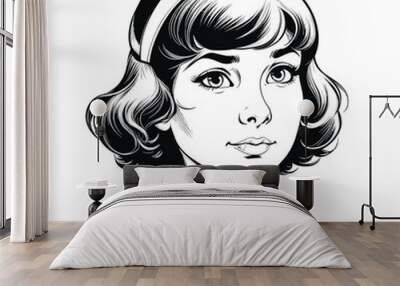 Vector drawing of a girl with short hair. The illustration is black and white. Wall mural