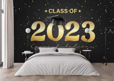 Vector illustration. Class of 2023 badge design template in black and gold colors. Congratulations graduates 2023 banner sticker card with academic hat for high school or college graduation Wall mural