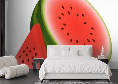 Vector two pieces watermelon. Composition half watermelon and triangular slice watermelon. Cute Vector illustration gradient fill isolated on white background, cartoon logo and icon. Concept of Wall mural