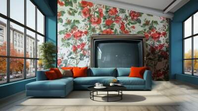 Vintage television on floral wallpaper background Wall mural