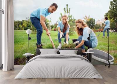 Volunteering. Young people volunteers outdoors planting tree concentrated cooperation Wall mural