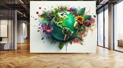 World Earth Day, Globe with splash, levitation flowers and plants, Planet Earth a on white background, Environment conservation concept AI Generative Wall mural