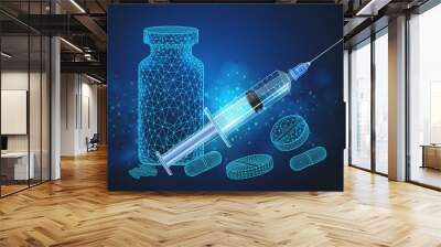 Pils and syringe on blue background Wall mural