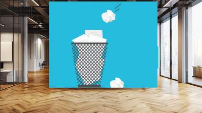 Paper in metal basket bin. Crumpled paper thrown in trash can. Overflowing waste paper in office garbage bin. Junk, wastepaper in rubbish. Vector illustration Wall mural