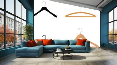 Wooden, plastic and metal wire coat hangers, clothes hanger on a white background Wall mural