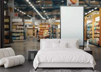 Blank Advertising Banner in a Modern Supermarket Aisle Wall mural