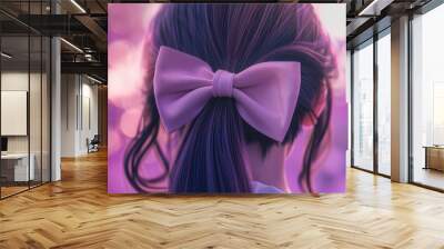 Dreamy Purple Bow Hair Accessory, back view of a girl's hair with a dreamy purple bow clip against a bokeh background offers a playful and youthful vibe Wall mural