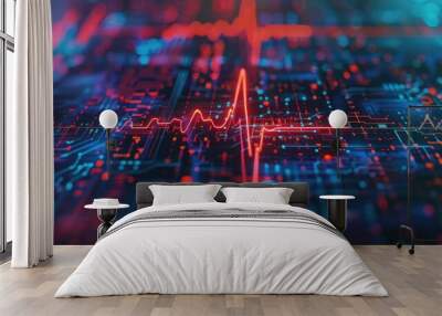 Energetic Heartbeat on Tech Interface, vibrant representation of a heartbeat pulses across a high-tech digital interface, illustrating concepts of health technology and data analytics Wall mural