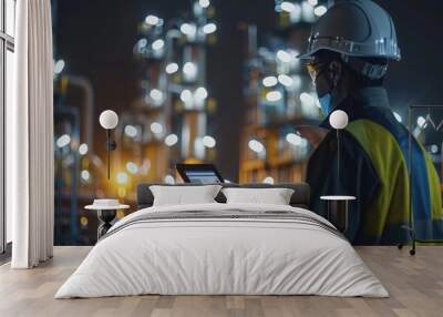 Engineer Using Tablet for Analytics in Industrial Plant at Night Wall mural