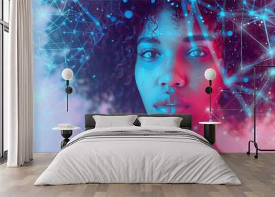 Futuristic Portrait of a Young Black Woman with Curly Hair and Digital Network Overlay Wall mural