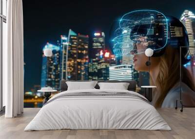 Futuristic Vision: Woman with Digital Brain Interface Against Cityscape Wall mural