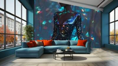 glamour in light reflections: dazzling evening wear, model shines in a sequined evening dress, surro Wall mural