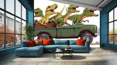 Joyride with T-Rex Trio, Cartoon dinosaur characters driving, playful illustration of three T-Rex dinosaurs gleefully cruising in an old-fashioned green truck, bringing a whimsical touch to prehistori Wall mural