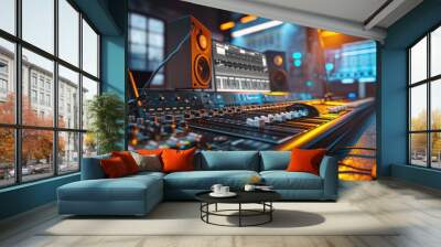 Professional Music Studio Equipment Closeup with Synthesizer and Monitors Wall mural