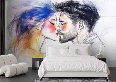 Romantic Couple Sharing a Tender Kiss in Colorful Sketch Art Wall mural