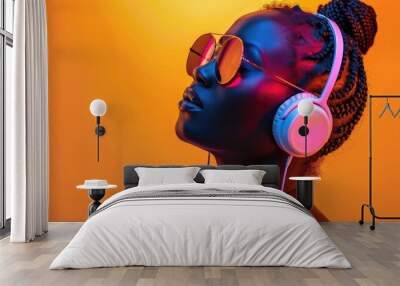 Vibrant Portrait of a Woman Enjoying Music with Headphones Wall mural