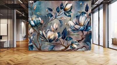 A branch of watercolor flowers, an artistic drawing in bright colors on a textured background, photo wallpaper in the interior Wall mural