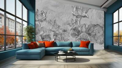 art painted water lilies in 3D in black and white style photo wallpaper in the interior Wall mural