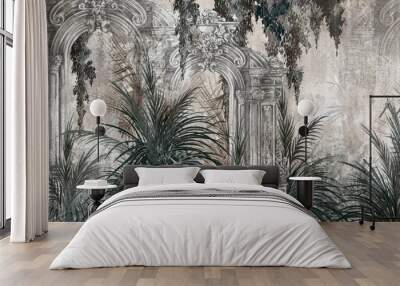 columns in the tropics on a textured background in a watercolor style photo wallpaper in the interior Wall mural