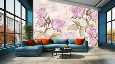 drawn vintage roses on texture background, photo wallpaper Wall mural