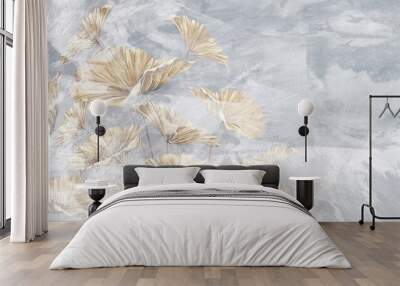 gray light background with a texture imitation of a painted wall on which gold sheets are painted art, photo wallpaper in the interior of the room Wall mural