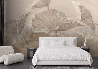 large art painted leaves on a textured wall, in pastel colors, photo wallpaper for the interior Wall mural