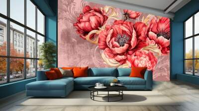 Peony-shaped poppies with large buds on a textured background, art drawing in bright colors, photo wallpaper for the interior. Wall mural