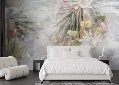 shabby cracked wall textured form which depicts in some places topical plants photo wallpaper Wall mural