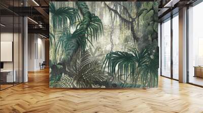 tropical plants and trees on a textural background photo wallpaper in the interior Wall mural