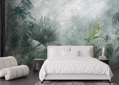 tropical plants on a textural background in dark colors art drawing photo wallpaper in the interior Wall mural