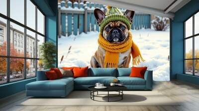 Cute French Bulldog wearing a green hat and yellow scarf in snowy environment Wall mural