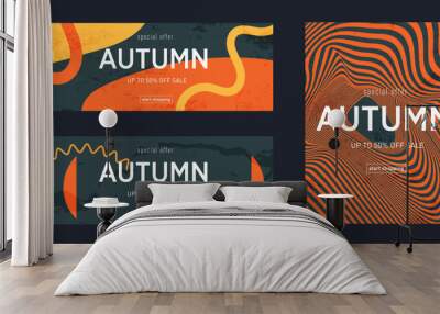 Modern Abstract Set Autumn Design with Graphic Memphis Element. Background Patterns in Retro Style for Advertising, Web, Social Media, Poster, Banner, Cover. Sale offer 50%. Vector Illustration Wall mural