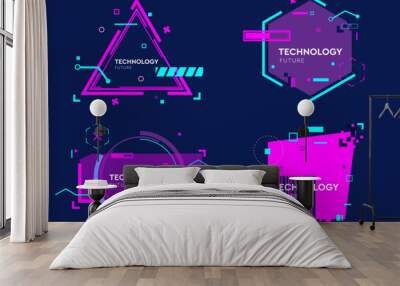 Virtual 3d element with circles, hexagons, triangles, lines, squares, rectangles. Modern logo in cyberpunk style. Futuristic IT badges for banner. Technology hi-tech design in the Vector illustration. Wall mural