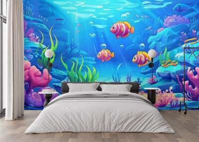 Cartoon scene with fishes in the beautiful underwater kingdom coral reef, a lively depiction of aquatic biodiversity in a fantastical oceanic panorama Wall mural