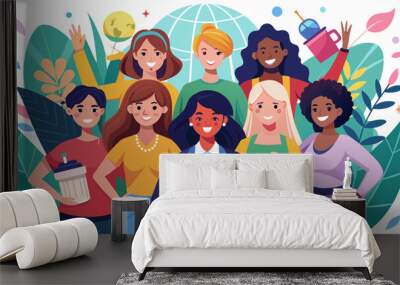 Joyful illustration for International Women’s Day, depicting a diverse and content group of female coworkers. representing a thriving multicultural work environment. Space for text Wall mural