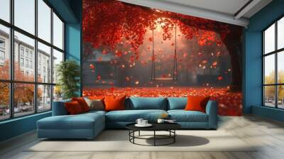 Picturesque Autumn Day: Swing Hanging from Tree Surrounded by Colorful Foliage Wall mural