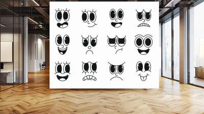 Set of 70s groovy comic faces vector. Collection of cartoon character faces, in different emotions, happy, angry, sad, cheerful. Cute retro groovy hippie illustration for decorative, sticker Wall mural