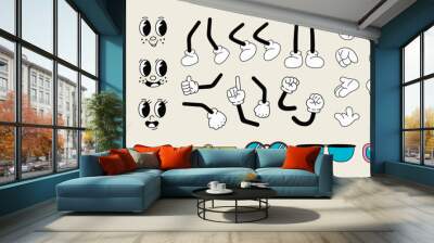 Set of 70s groovy comic vector. Collection of cartoon character faces in different emotions, hand, glove, glasses, shoes. Cute retro groovy hippie illustration for decorative, sticker Wall mural