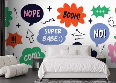 Set of doodle and speech bubble vector. Collection of contemporary figure, speech bubble with text, arrow in funky groovy style. Chat design element perfect for banner, print, sticker Wall mural