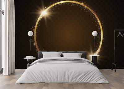 Abstract magical glowing golden banner.Magic circle. Merry Christmas. Round gold shiny frame with light bursts. Gold dust on celebratory banner Wall mural